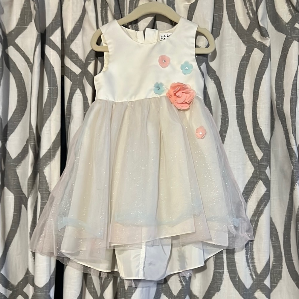 Floral Embellished White and Pink Kids Dress